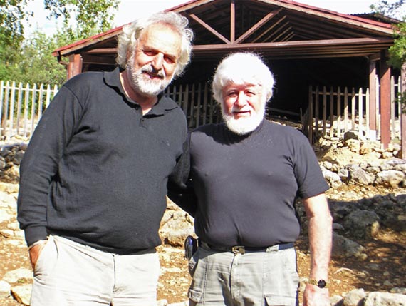 photo of Gerasimos Metaxas and George Pararas-Carayannis outside Mycenaean royal burial site;Poros - Kefalonia, Greece